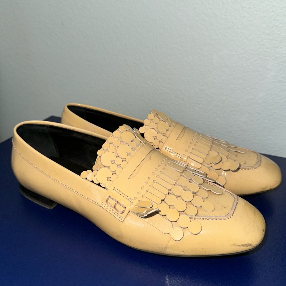 Tod’s Dot Fringe Patent tan Loafers